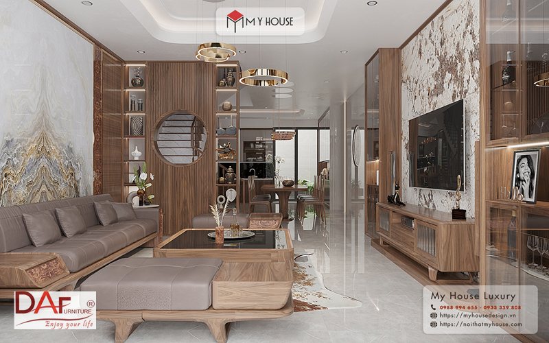 Vách ngăn phòng khách và bếp - Mức 2: vách thoáng bằng lam gỗ, kệ hở hoặc kính